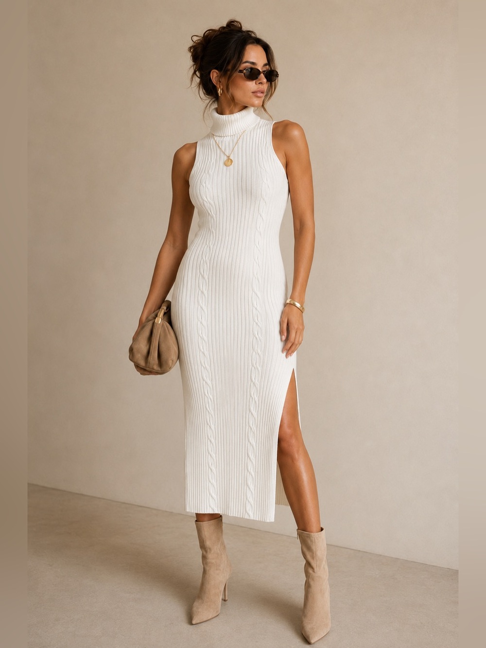 bebe Ivory Cable Knit Turtleneck Sleeveless Midi Sweater Dress Size S